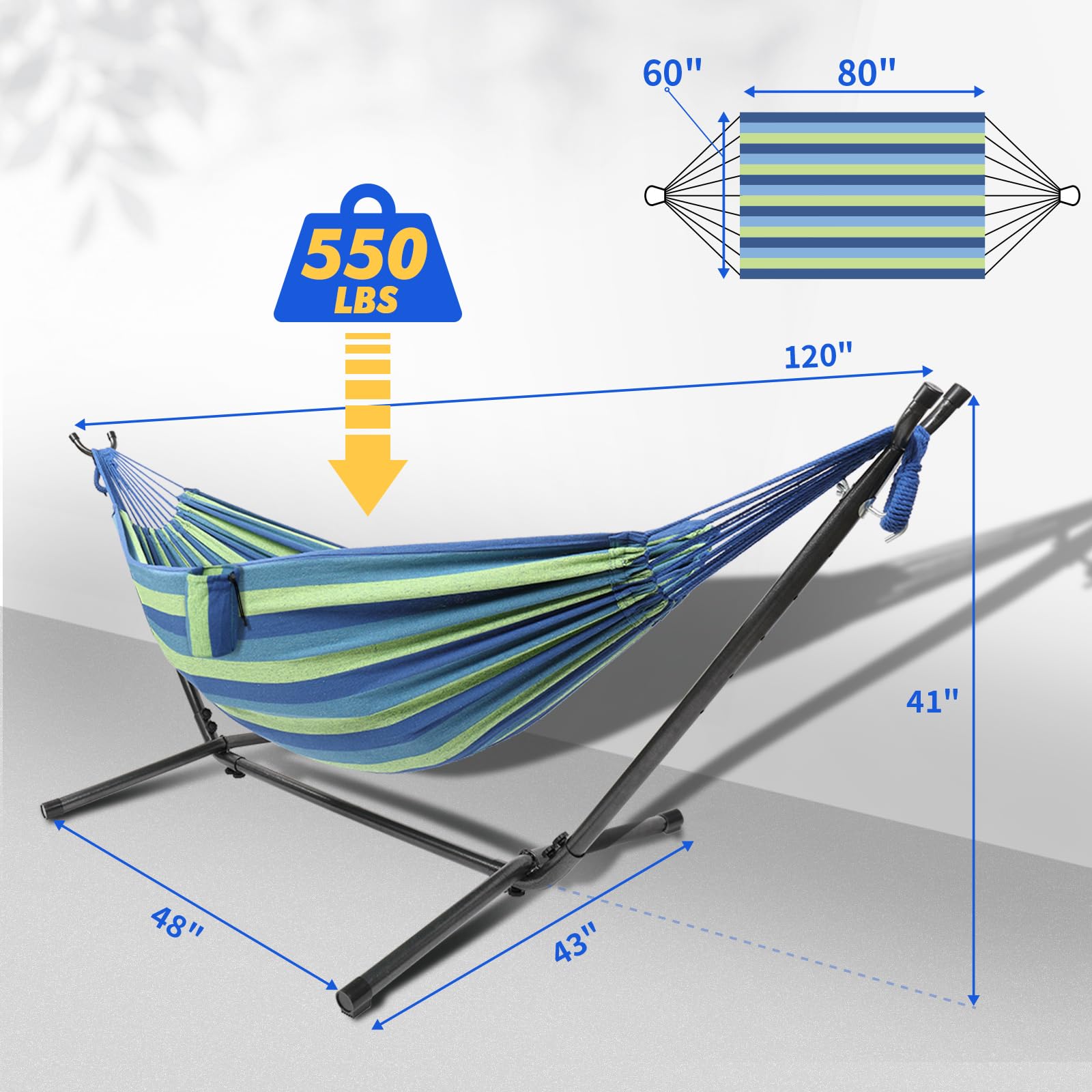 Bonnlo Hamaca con Soporte para Exterior,Hamacas Colgantes, Capacidad de Carga hasta 204 kg, Incluye Bolsa de Transporte, Hamaca Jardin, Hamacas Colgantes,Altura Ajustable (Azul-Verde)
