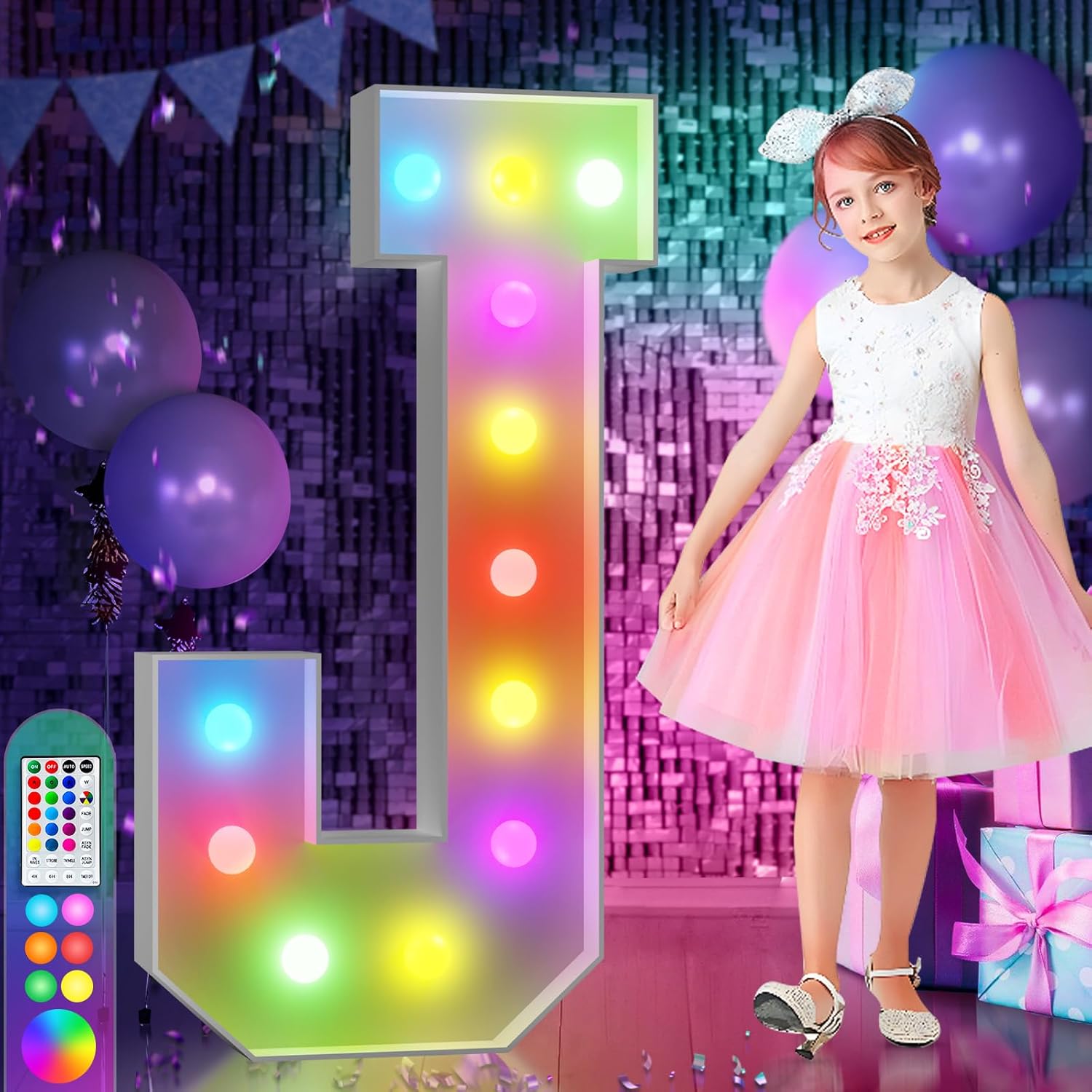 imprsv 4ft colorful marquee light up letters j, 18 colors light up letters alphabet sign with remote, one letters first birthday, large letters for birthday engagement anniversary wedding party decor letter j 4 feet