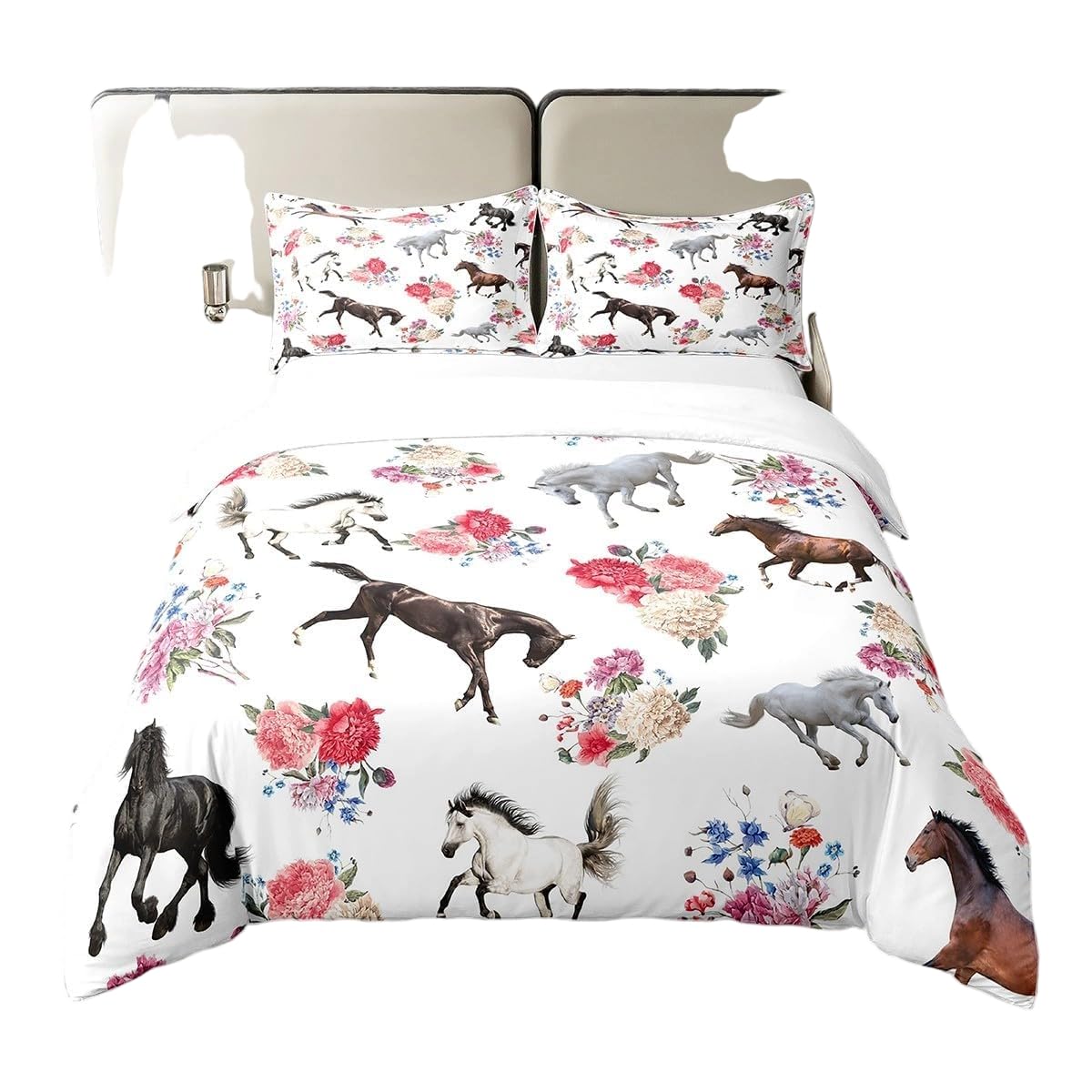 Homewish Horse 100% Cotton Duvet Cover King,Romantic Floral Comforter Cover,Farmhouse Western Cowboy Bedding Set,Rustic Farm Aniamls Bedspread Cover,Cartoon Horse Flowers Quilt Cover