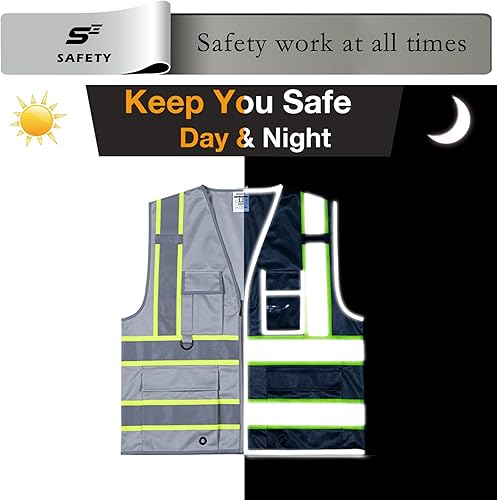 Miniatura 4 de sesafety Chaleco de seguridad con 9 bolsillos, chaleco reflectante de alta visibilidad, chaleco de seguridad, chaleco de trabajo para hombres,