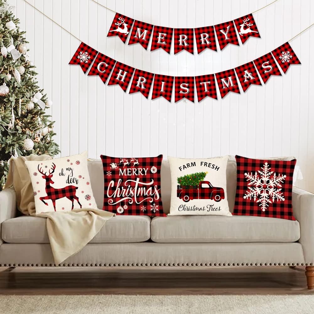 YeeJu Christmas Pillow Covers 26x26 Set of 4 Merry Christmas Cushion Covers Xmas Throw Pillow Covers Red Christmas Tree Deer Truck Snowflake Pillow Cases for Outdoor Couch Sofa Decoration(26 Inch)