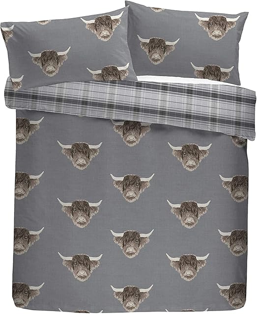 CnA Stores - Highland Cow Double Duvet Cover Set Reversible Grey Bedding
