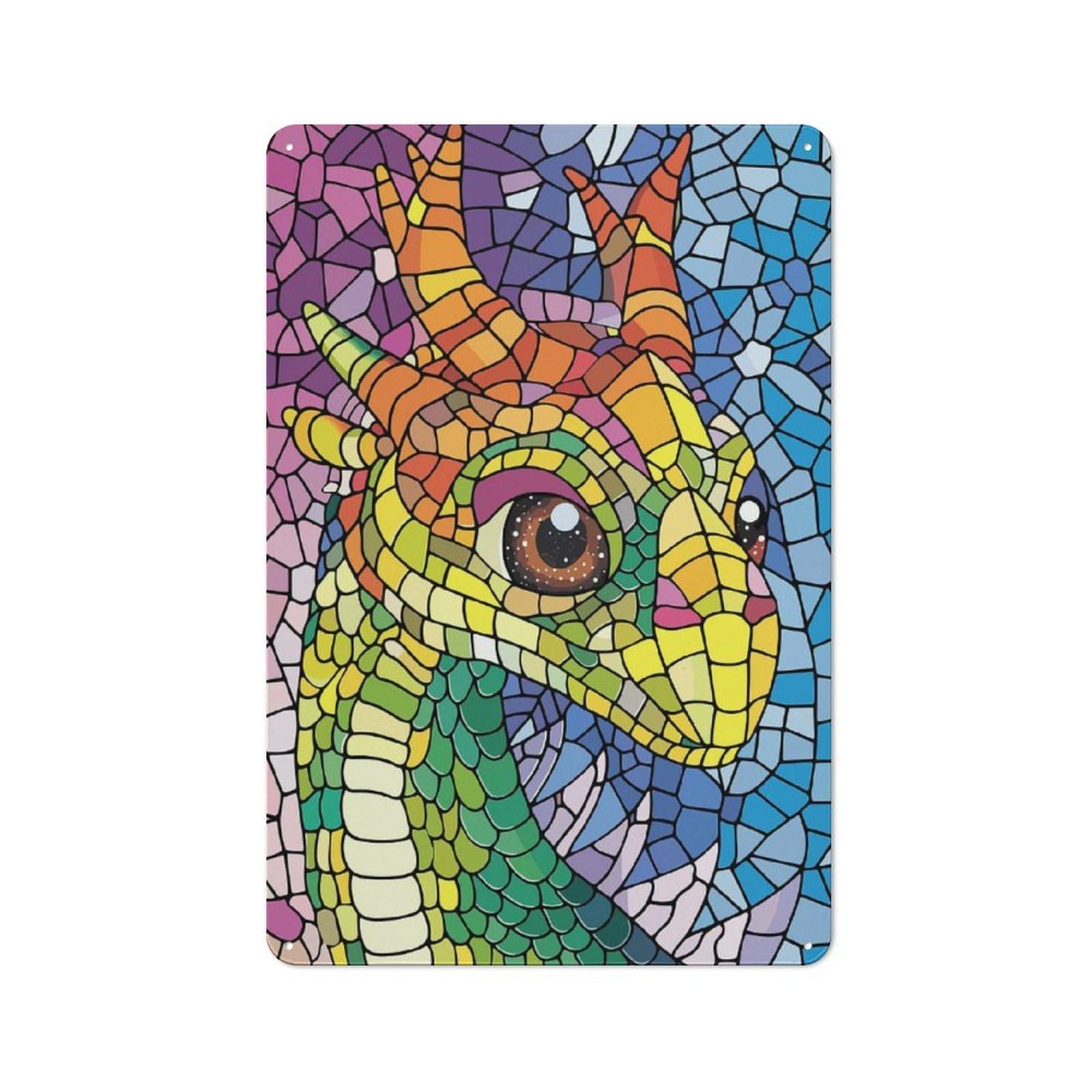 Junmoney Style-8 Colorful Dragon Mosaic Portrait Printed Metal Sign 30X20cm For Café Or Home Bar, For Kitchen And Home Bar Decor, For Cafés, Pubs And Restaurants