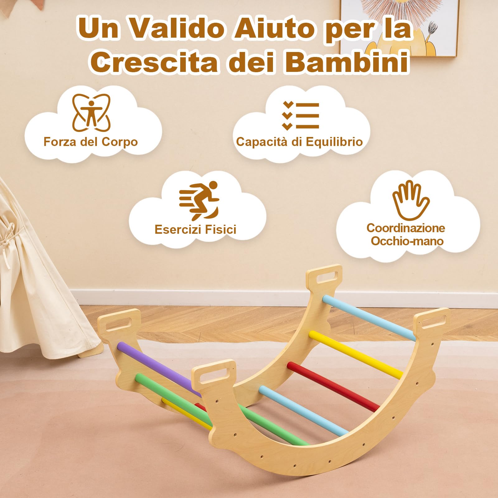 GYMAX Arco da Arrampicata per Bambini, Arco a Dondolo in Legno con Cuscino Accogliente, Struttura per Arrampicata e Dondolo in Legno per Bambini 1+ Anni (Colorato, 81,5 x 50 x 38 cm)