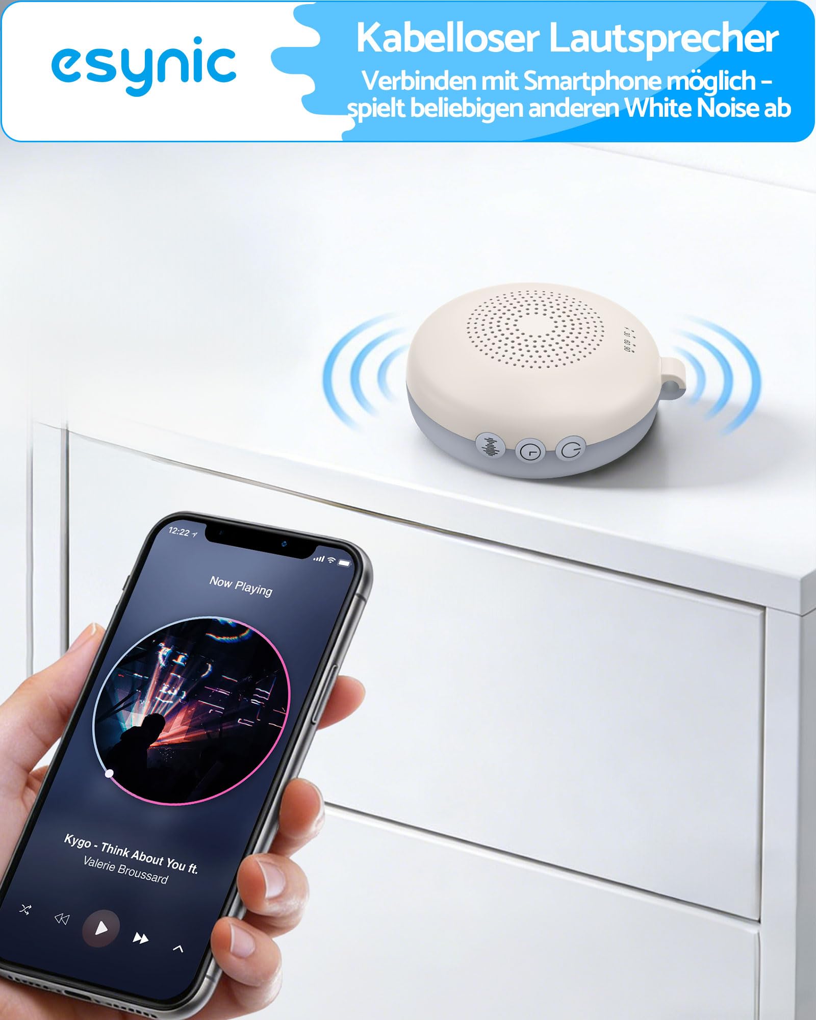 eSynic Weißes rauschen Baby Einschlafhilfe Baby & Erwachsene Tragbare White Noise Machine mit Nachtlicht Mini Sound Machine 12 Beruhigende Geräusche Timer & Akku für Schlafzimmer & Reise Hellbeige