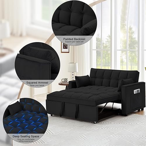 Miniatura 5 de Sofá cama convertible de terciopelo de 55 pulgadas, sofá futón 3 en 1 con cama extraíble, sofá biplaza moderno con respaldo ajustable, 2 almohadas y