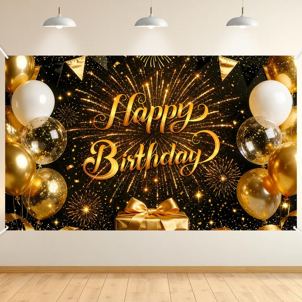 AOOSU Geburtstagsbanner Geburtstag, Deko Geburtstag Mann Frau Banner | 180x110cm Geburtstagsdeko Banner, Happy Birthday Banner Deko Hintergrund, Schwarz Gold Geburtstag Party Deko