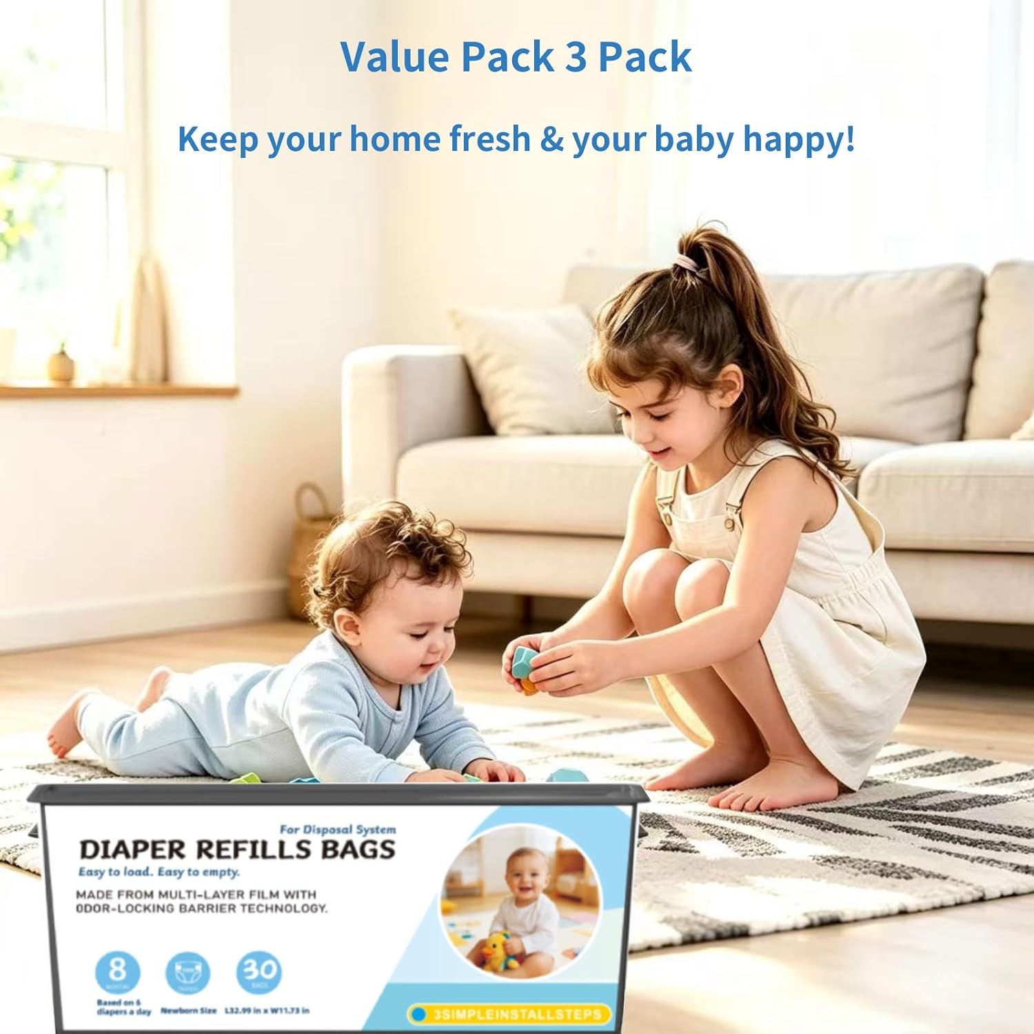 Diaper Pail Refills Bags Compatible with Genie Easy Roll Signature and Platinum Diaper Pails, Holds Up to 1410 Newborn Diapers Per Refill, 7-Layer Odor-Barrier Technology, 3 Pack (90 Bags)