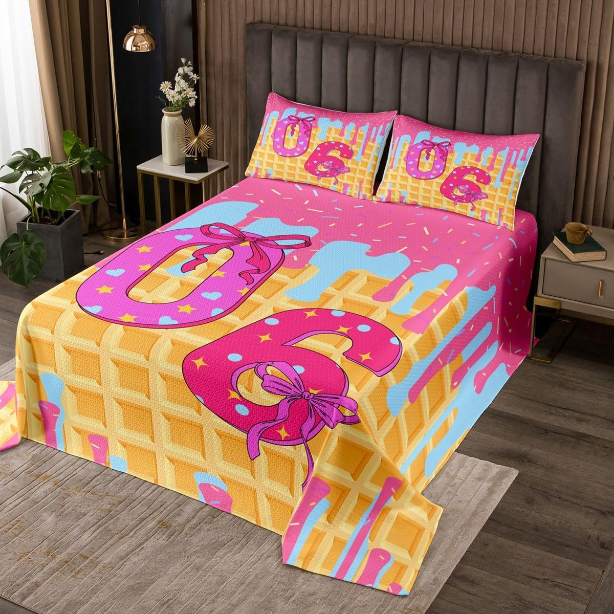 Homewish Letter 08 Quilt Sets Twin Size,Pink Blue Ice Cream Drip Bedspread Coverlet 2Pcs for Kids Girls Boys Room Decor,Pink Purple Bowknot Quilts Set Waffle Dessert Bedding Comforter,1 Pillowcase