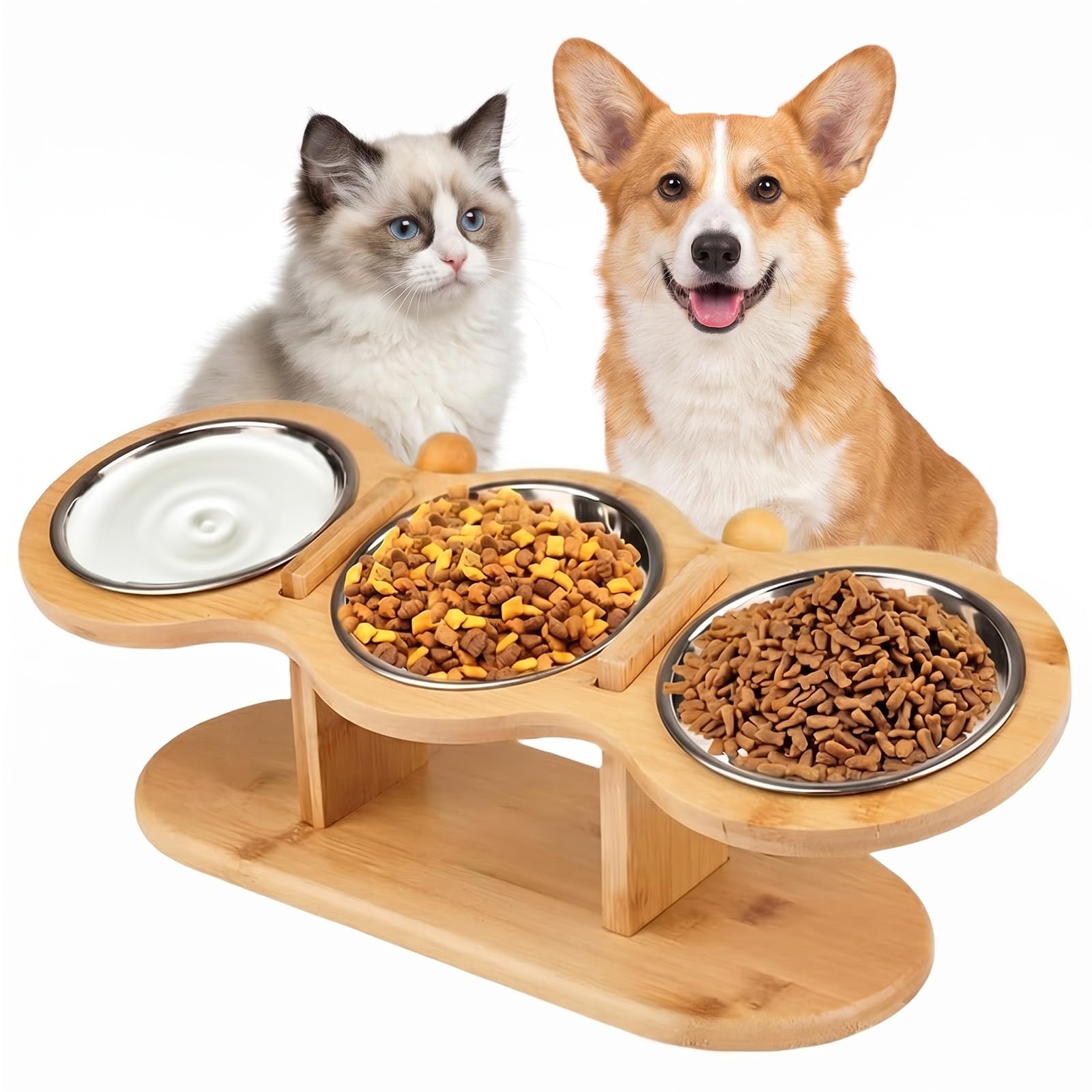 Surélevée Bol Chat Gamelle Chat avec 3 Bols en Acier Inoxydable, Hauteur Réglable–Support pour Eau et Nourriture Adaptée Aux Chats Et Petits Chiens