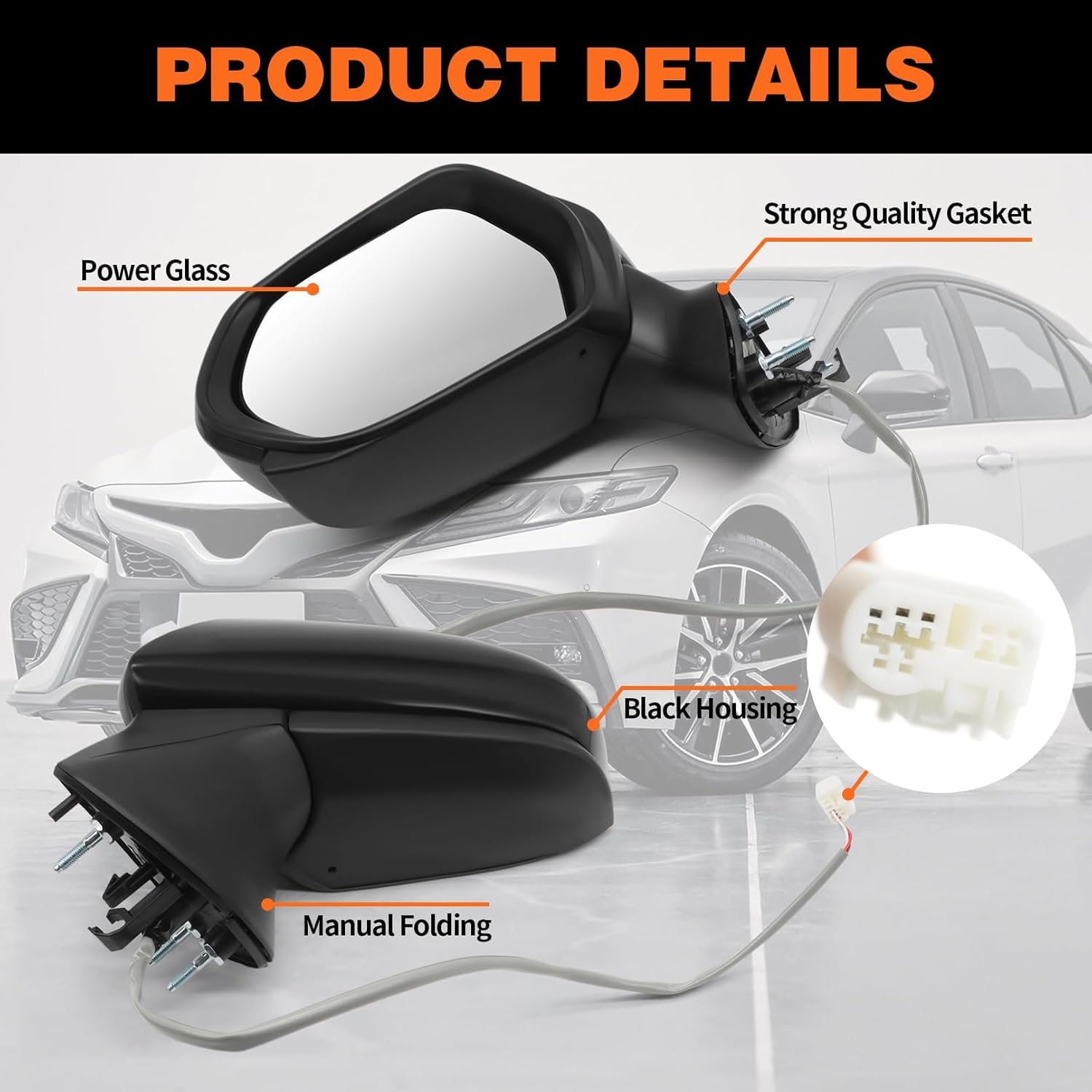 Left Driver Side Mirror Assembly Compatible with Camry 2018-2024 Power Glass Manual Folding Non-Heated Black Replaces 8794006800 TO1320366 (3pins)
