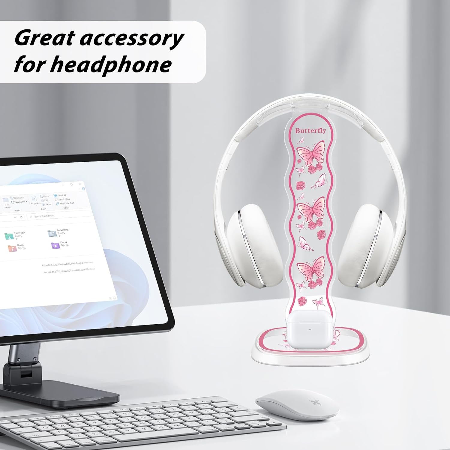 CamyCosy Headphone Stand Gaming Headset Holder for Desk,Pink Butterfly Pattern Clear Cellphone Stand Earphone Stand Desk Accessories for All Headphones Size image 5