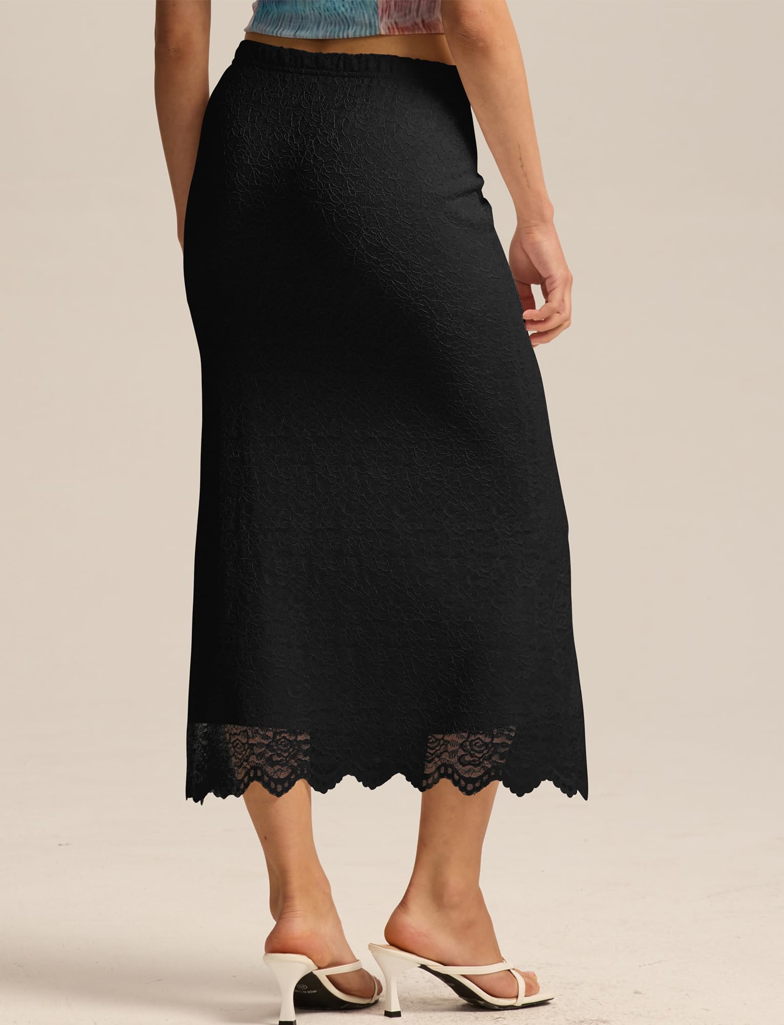 FEOYA Jupe Femme en Dentelle Élégante Coupe Bodycon Droite Jupe Longue Décontractée Elastique Taille Midi Jupes