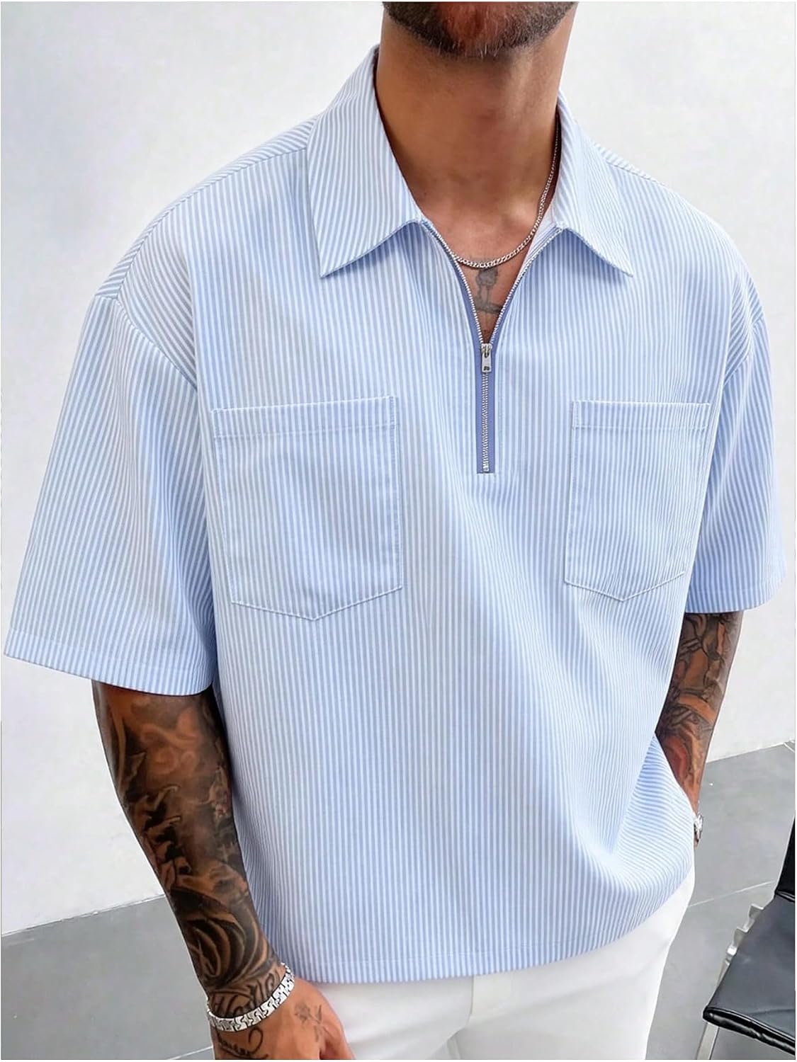VIPWOLF Men's Striped Cropped Shirt Y2k Oversized Collared Boxy Crop Top
