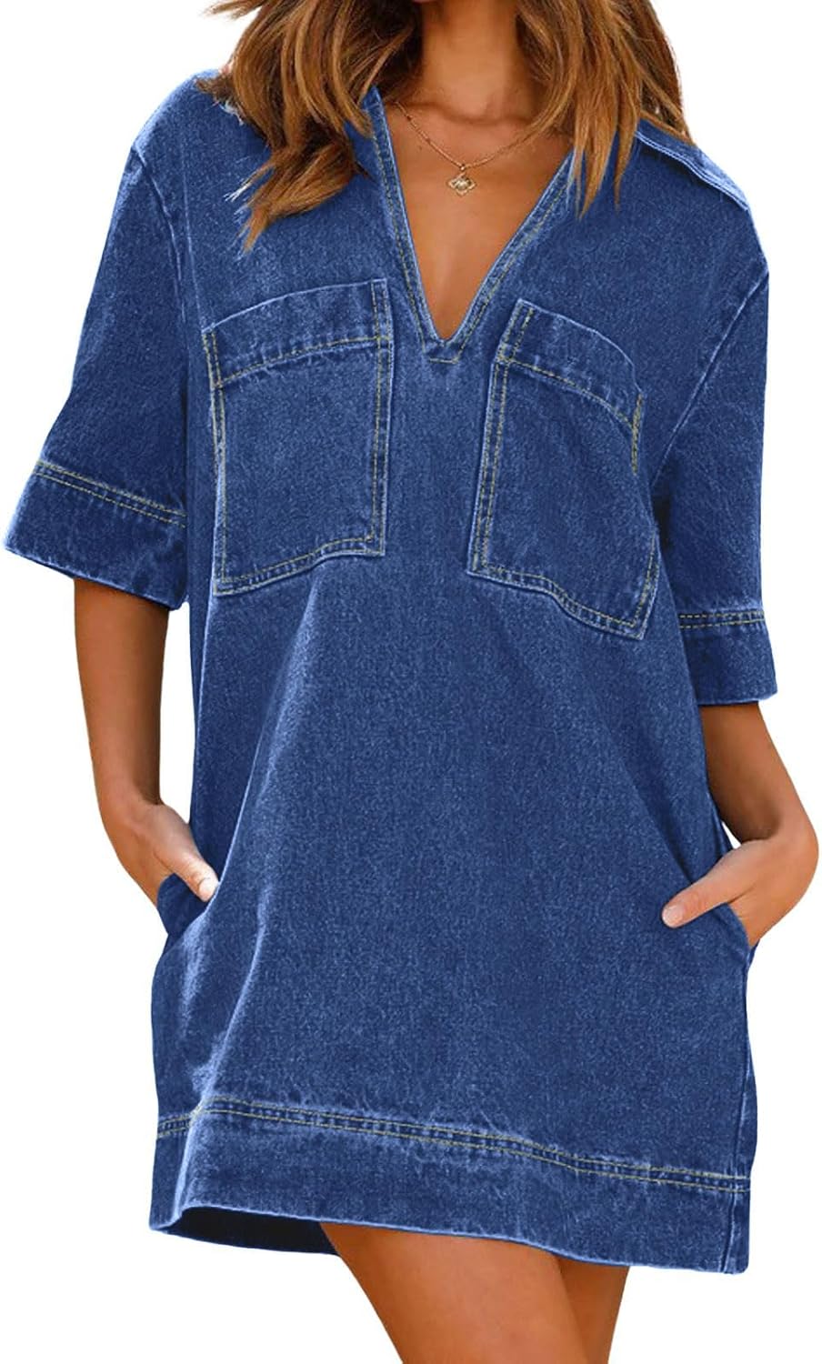 CHARTOU Women Loose Denim Dress Short Sleeve Casual Summer Dress Turn Down Pullover Vintage Tunic Jean Dress