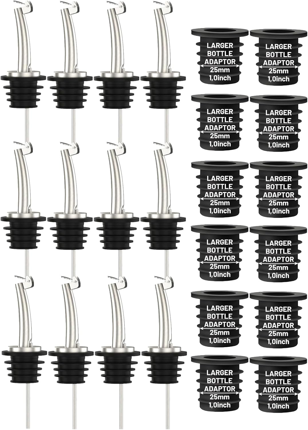 12-Pack Auto Flip Liquor Bottle Pourers with Adapters, Liquor Pour Spout Adapters set for for Large Olive Oil Bottles and Liquor Bottles - Up to 1 Inch/25mm Neck Converts Spout into Large Pour Spout