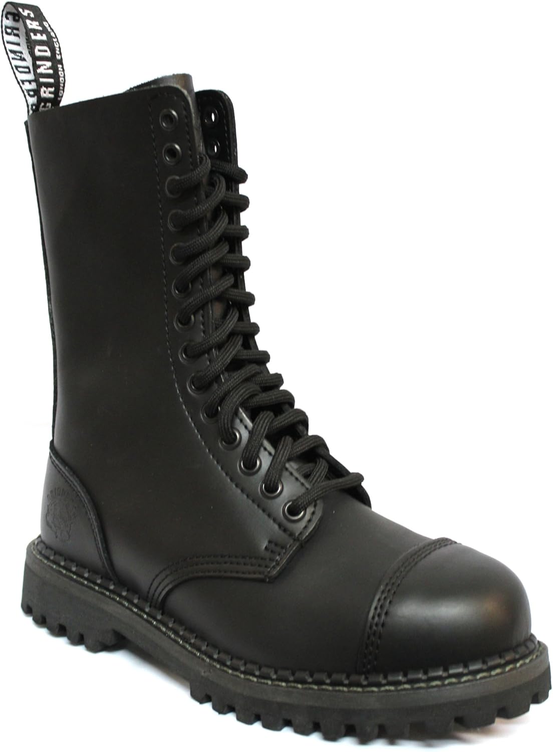 Grinders Herald Unisex Black Leather Ranger Military Steel Toe Cap Boots with 14 Eyelet Lace Up Fastening