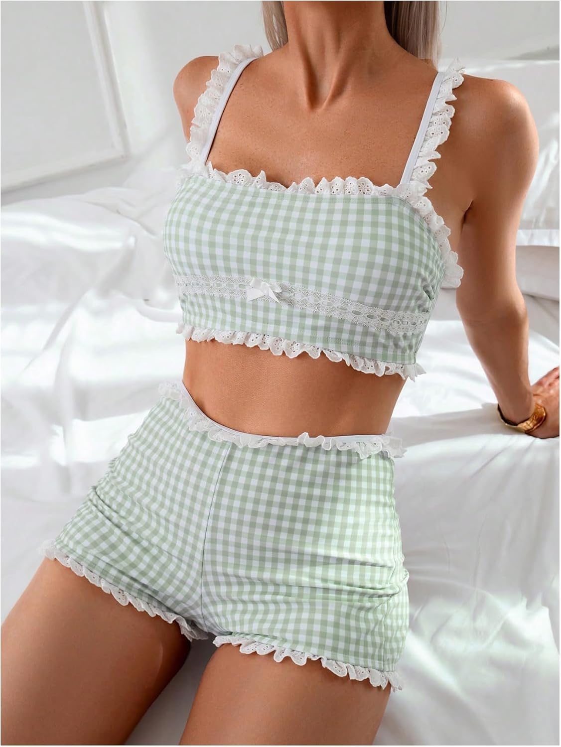 MakeMeChic Women's Plaid Gingham Tankini Bathing Suit Eyelet Embroidery Ruffle Swimsuit Top with Boyshorts