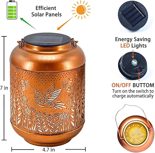 Miniatura 6 de Faroles solares de colibrí para exteriores, impermeables, luces solares colgantes para mujeres y hombres, faroles LED decorativos de metal para