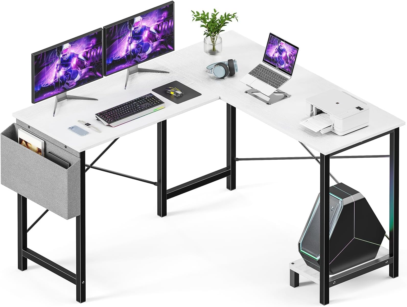Sweetcrispy L Shaped Computer Desk - Gaming Corner 50 Inch PC White Writing Study Student Table with Wooden Desktop CPU Stand Side Bag Reversible for Home Office Room Small Space, White