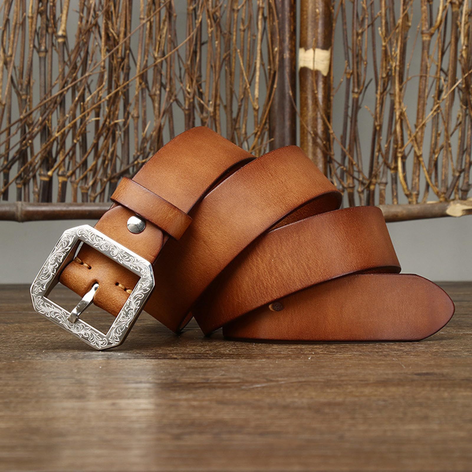 Leather Belt brown color so beautiful with silver buckle excellent condition 45” Silver Square Titanium Brown Leather Belt | Dress Belt with  main image 3