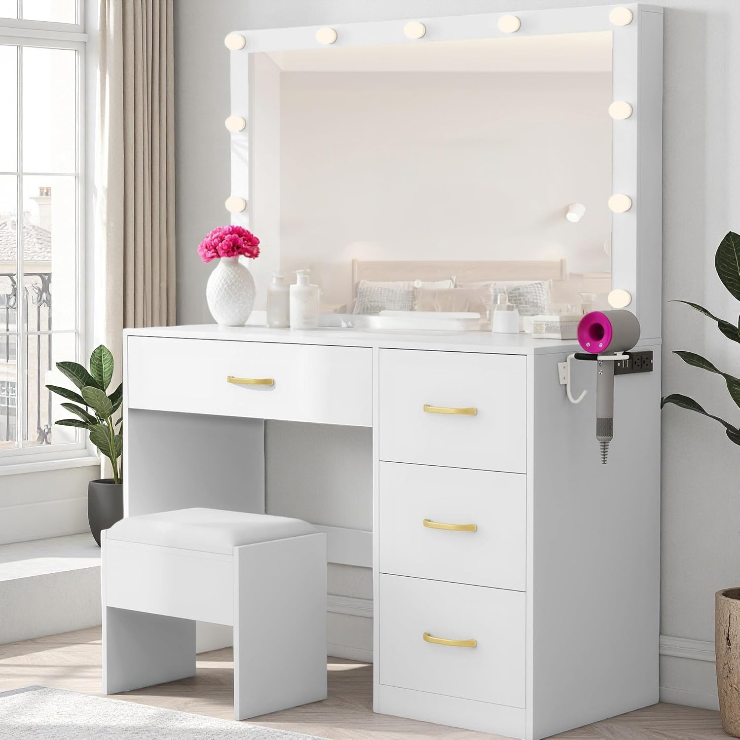 Product image of YITAHOME Vanity Set with Large LED Makeup Mirror, Stool, 11 LED Lights with 3 Lighting Modes