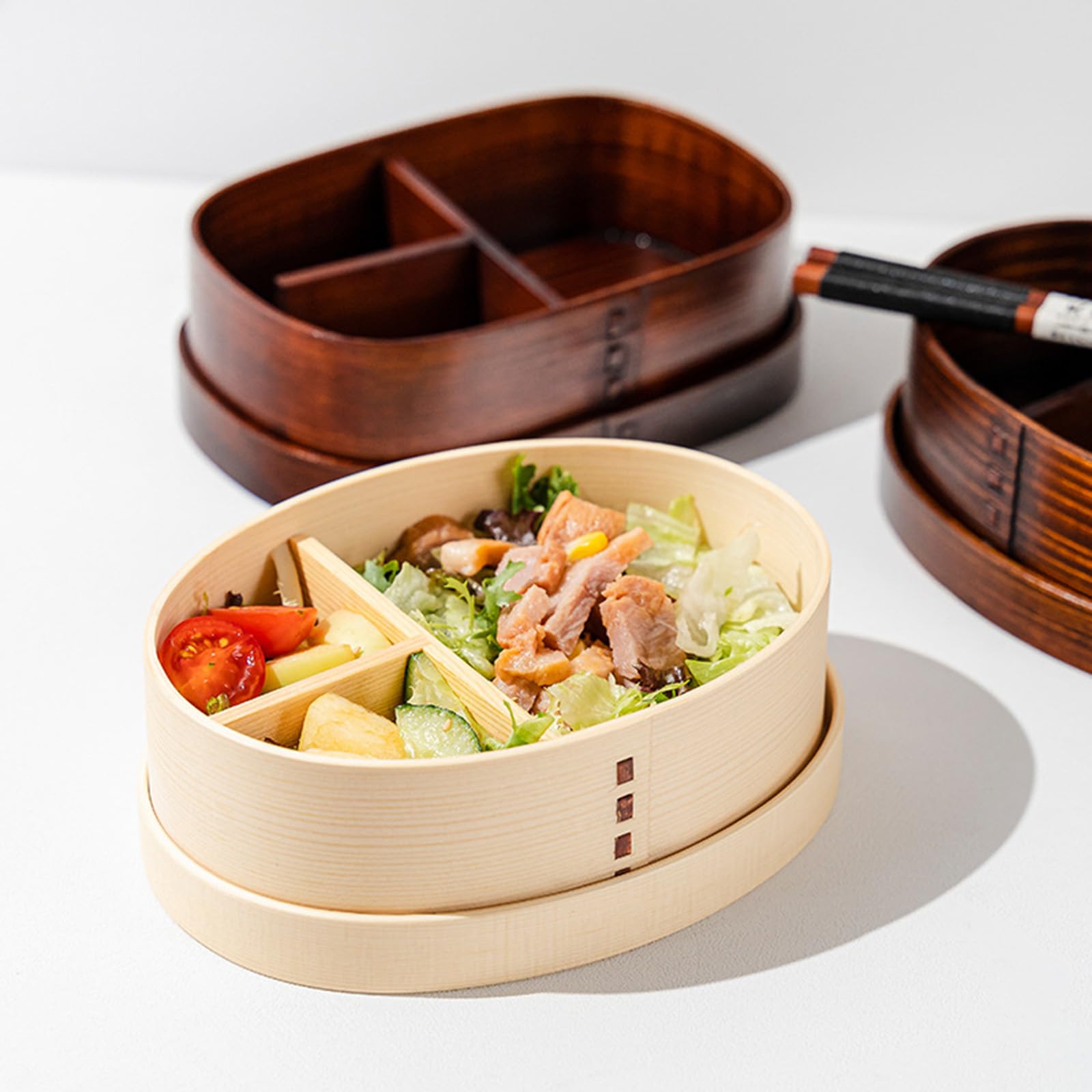 Boîte à bento japonaise traditionnelle en bois naturel à 3 compartiments pour enfants et adultes - Écologique - Parfait pour l'école et le travail