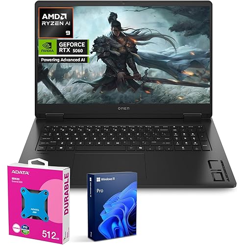 HP OMEN 17.3" RTX 5060 AI Pro FHD IPS 144Hz Gaming Laptop, AMD Ryzen AI 9 365(Beats Intel i9), NVIDIA RTX 5060, 32GB DDR5, 1TB SSD, RGB Backlit KB, Low Blue Light, Bundle with Adata 512GB SD620 SSD