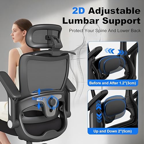 Miniatura 6 de ZZH Silla de oficina ergonómica, silla de escritorio de malla de respaldo alto con soporte lumbar ajustable, reposabrazos abatibles 4D,
