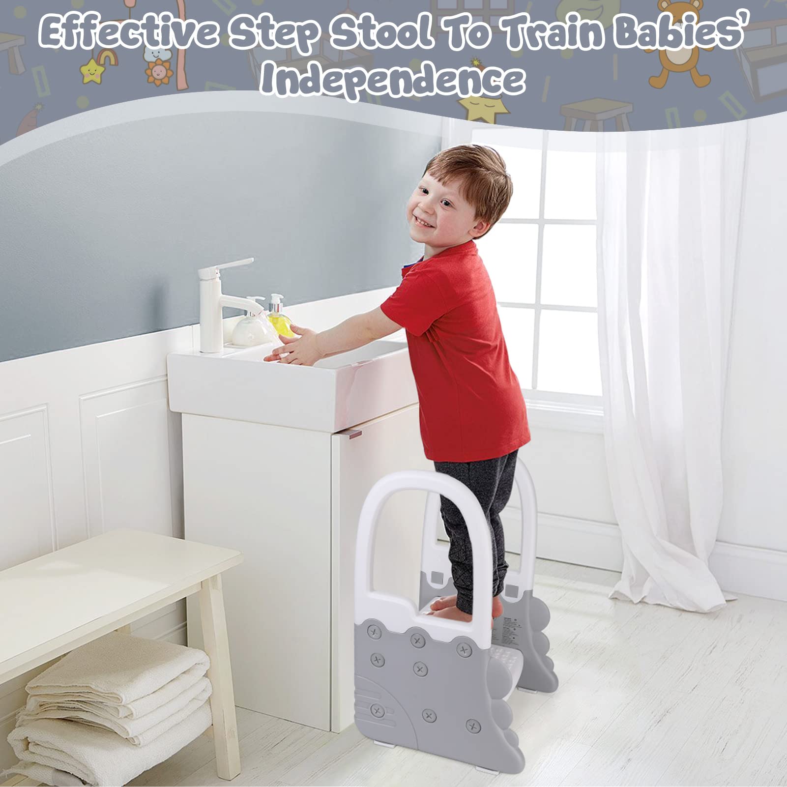 GarveeHome Torre di apprendimento 2 gradini per bambini con corrimano - sgabello per bagno e cucina, base larga anti-ribaltamento, plastica ABS atossica, portata 118 kg, 41,6x41,1x66 cm