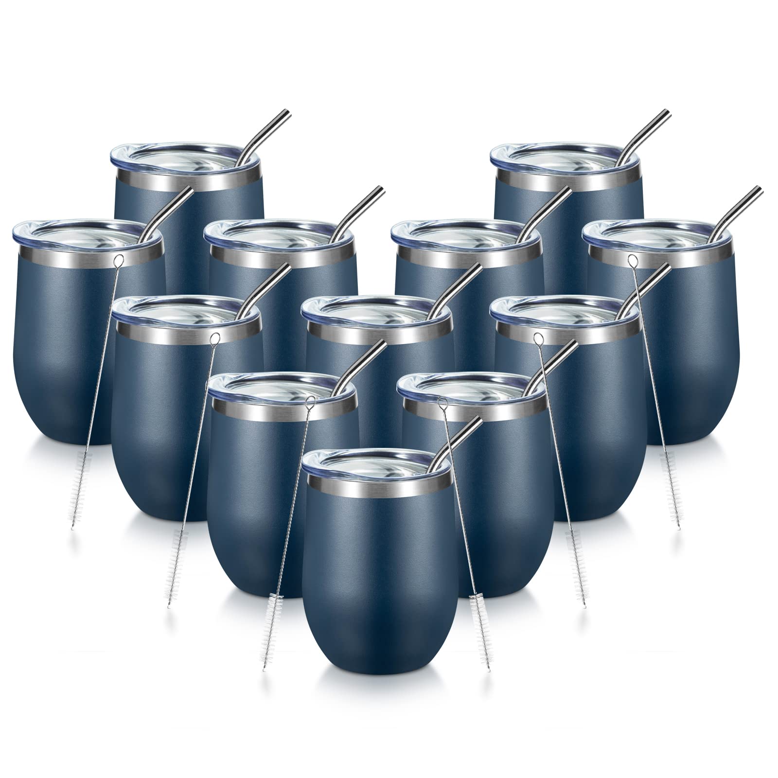 COMOOO Szklanka do wina ze stali nierdzewnej z pokrywką i słomką, 30 ml, podwójna ściana, izolowana próżniowo, do gorących i zimnych napojów, kawy, wina, koktajli (granatowa, 12 sztuk)