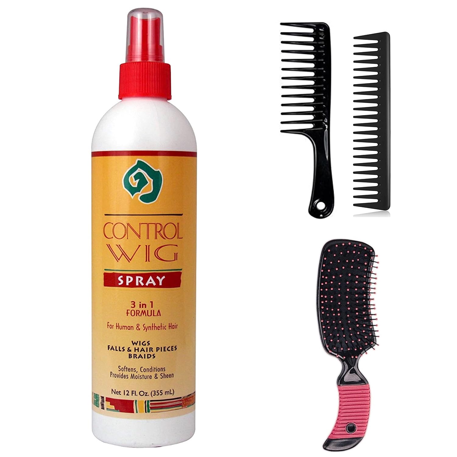 African Essence Control Wig Spray 3 In 1 Formula 12 oz (Including Professional Wig Brush Combo) Wig & Hair Extension Styling Spray & Detangling Brush Kit