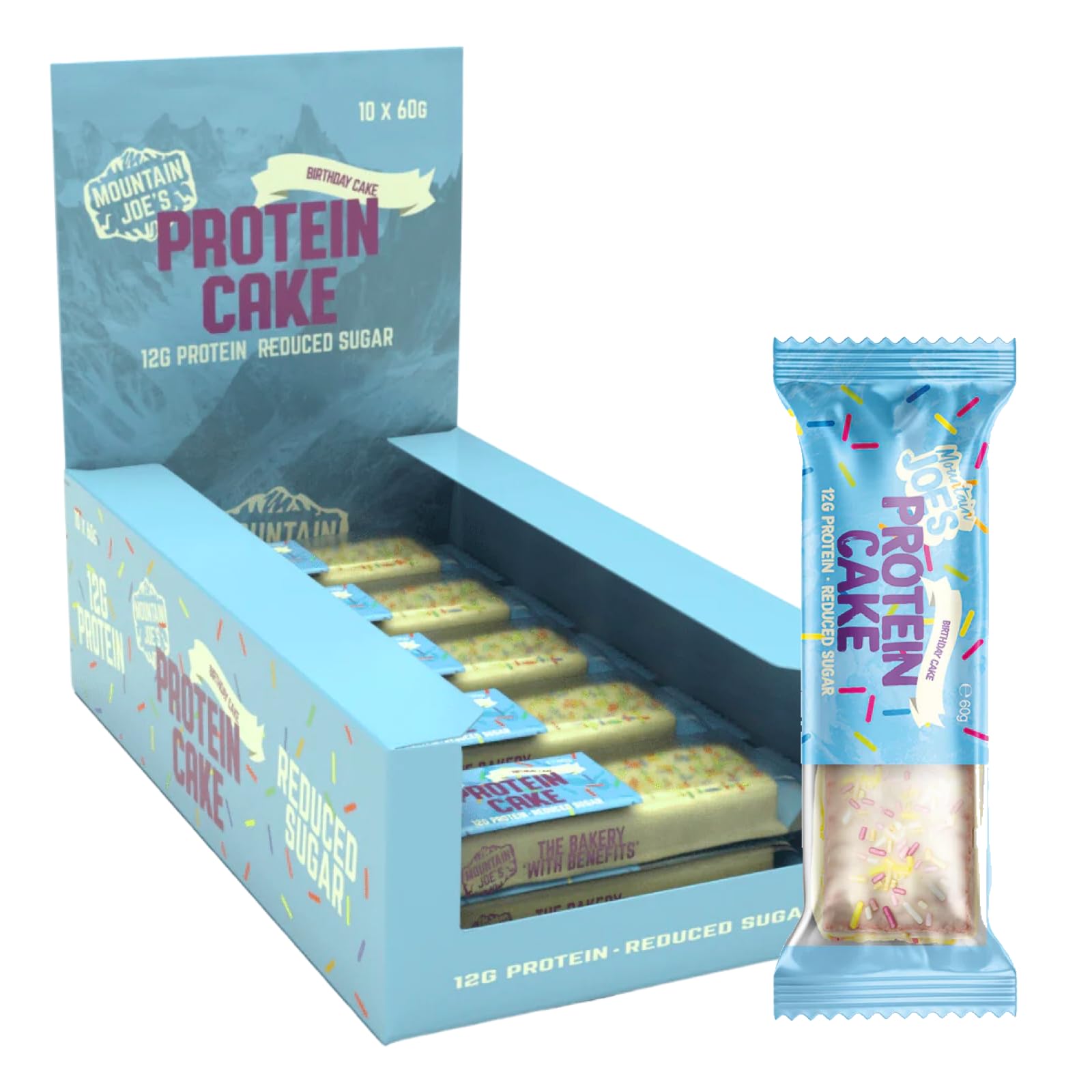 Mountain Joes On-the-Go Soft-Baked Protein Cake Bar | High Protein & Fibre, Reduced Sugar Bar with 12g Protein | Nutritional & Healthy Gym Snack Bar | Box of 10 x 60g (Box, Birthday Cake)