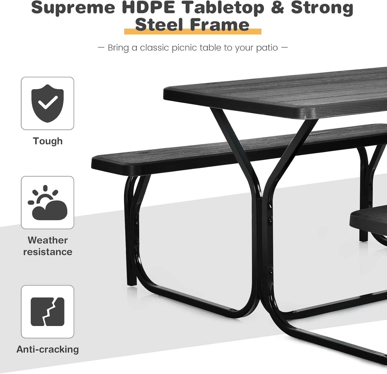 COSTWAY Outdoor Picnic Table, HDPE Plastic Picnic Table Bench Set with Weather Resistant Tabletop & Wood Texture, Ideal for Patio, Backyard (59" D x 54" W x 28.5" H,Black)