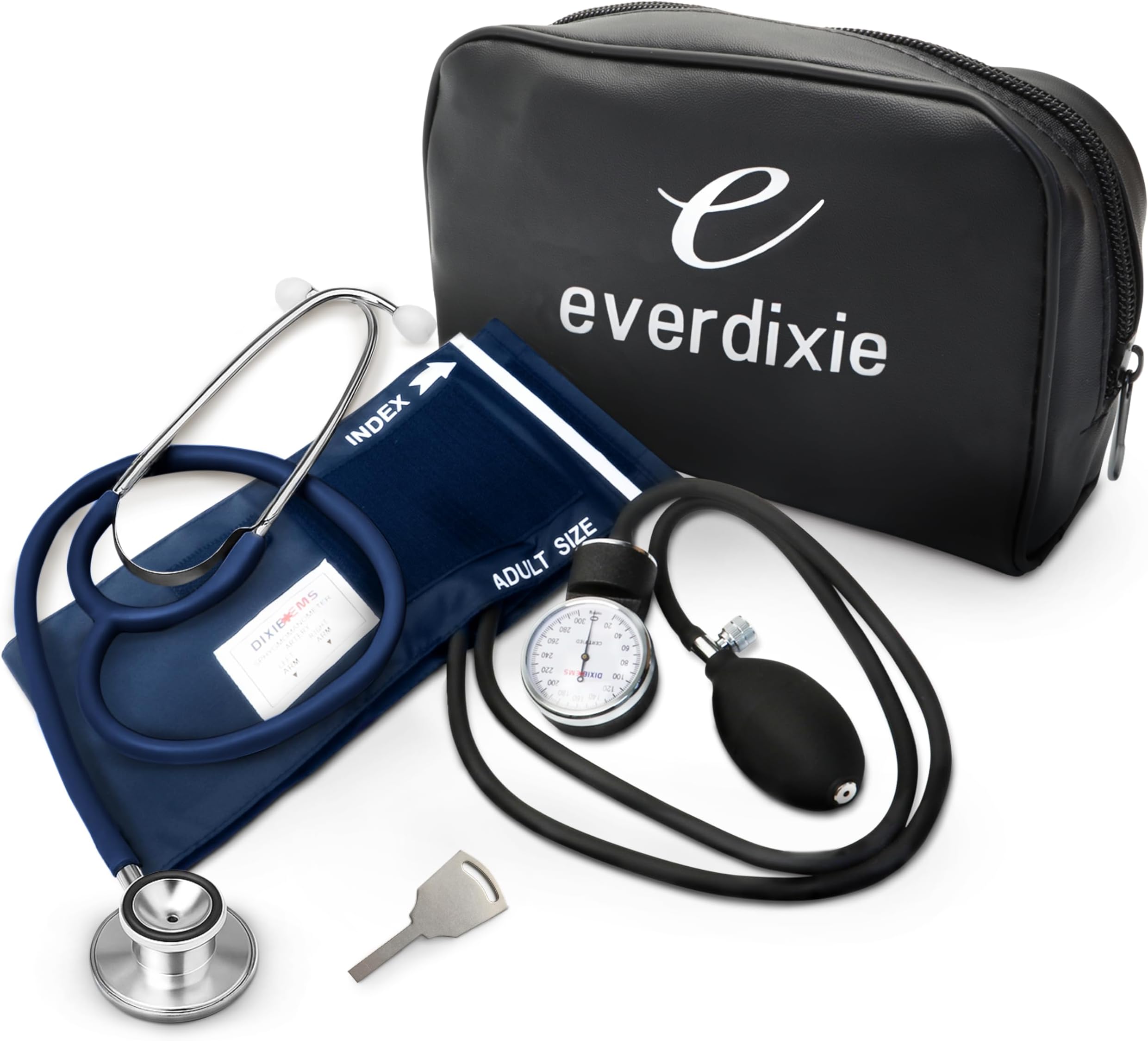 Dixie EMS Aneroid Sphygmomanometer and Dual Head Stethoscope Set with Adult Size Blood Pressure Cuff, Calibration Key and Carrying Case – Navy Blue