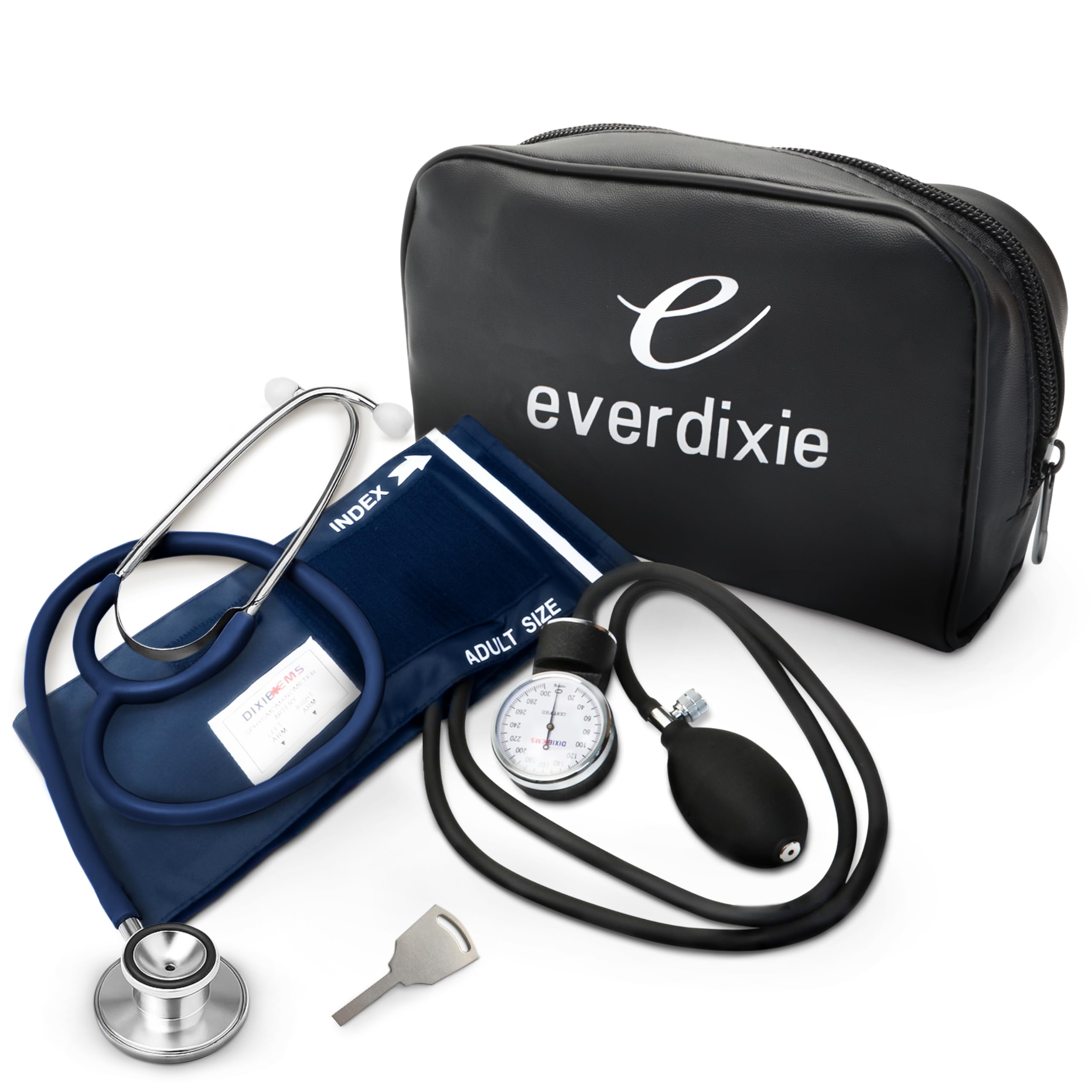Dixie EMS Aneroid Sphygmomanometer and Dual Head Stethoscope Set with Adult Size Blood Pressure Cuff, Calibration Key and Carrying Case – Navy Blue