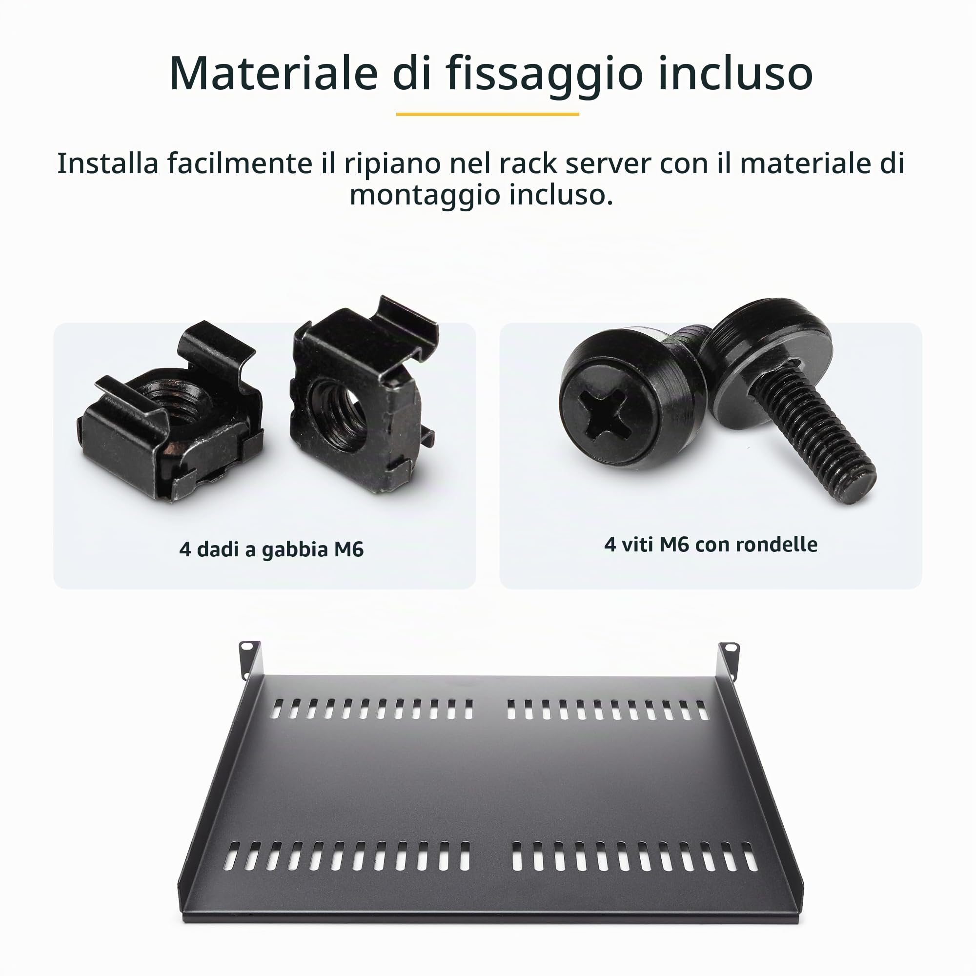 StarTech.com Mensola per Rack 19" 1U Ventilata, Ripiano universale cantilever per rack e armadi di rete 19 pollici, Acciaio resistente, Capacità 20kg, Profondità vassoio 41cm, Nero (CABSHELF116V) | Acciaio Resistente, Griglia di Ventilazione per Dissipazi