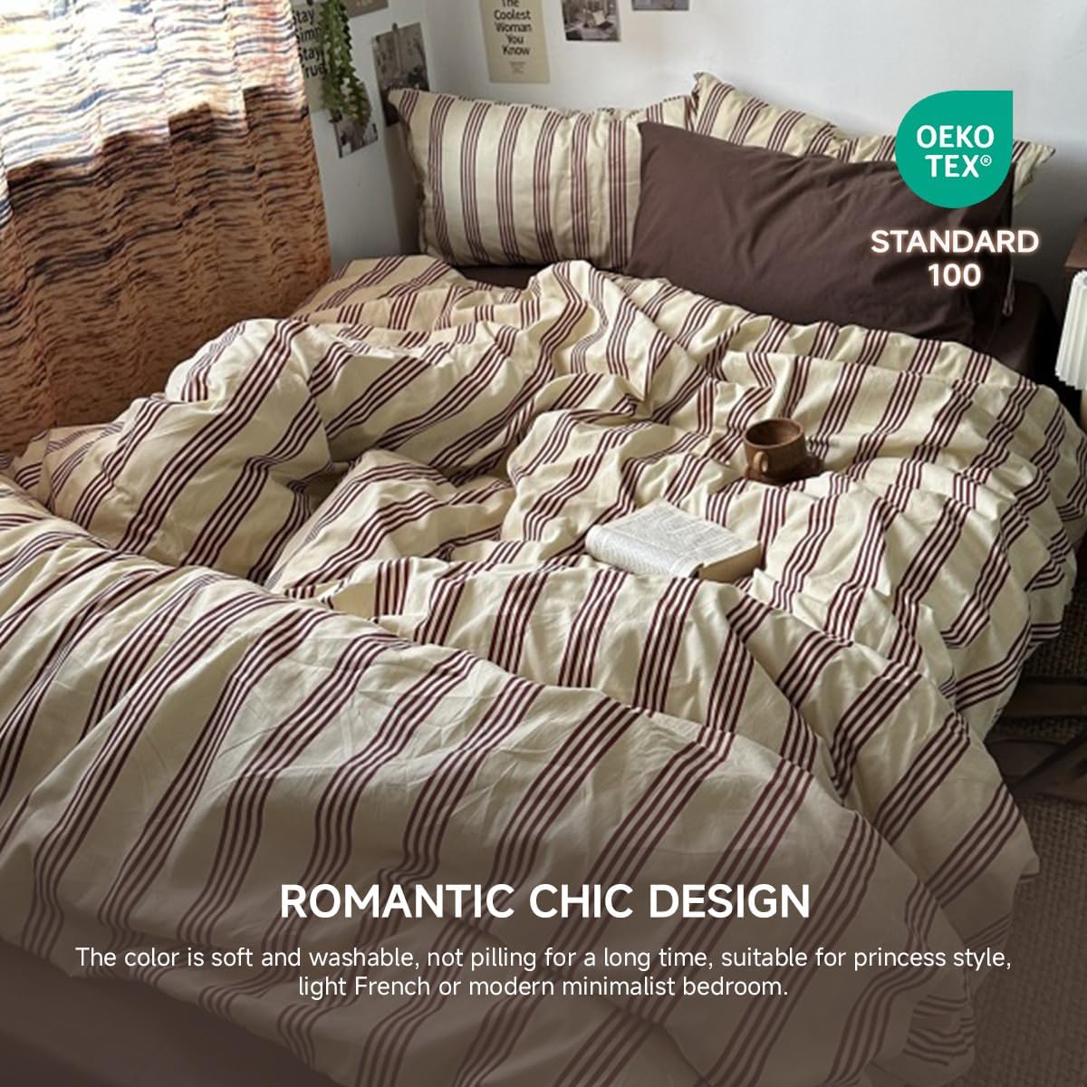 Duvet Cover Set Queen Size,Brown White Striped Patterned Bedding Set for Girls Boys,Modern Soft Breathable Microfiber Comforter Cover 3 Pieces with Zipper Closure and 2 Pillow Shams