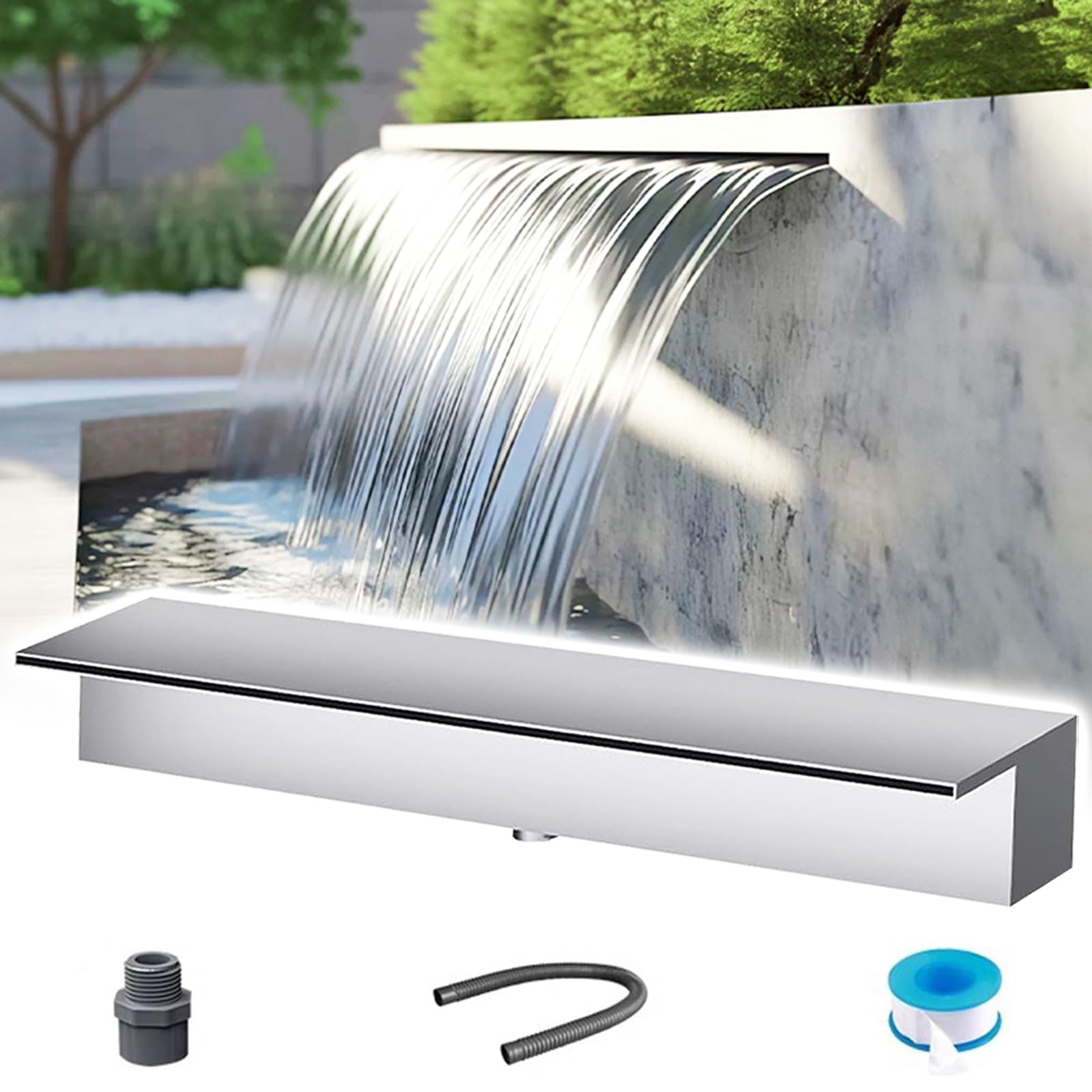 Bec de Cascade Personnalisable de 224 cm (88 po) en Acier Inoxydable avec Accessoires - Idéal pour Les Jeux d'eau extérieurs et intérieurs, Design argenté Durable et élégant