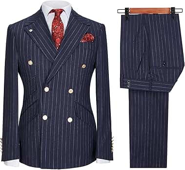 Men's Pinstripe Double Breasted Suit Set - Peak Lapel Tuxedo Blazer & Pants For Weddings, Business, Formal Events