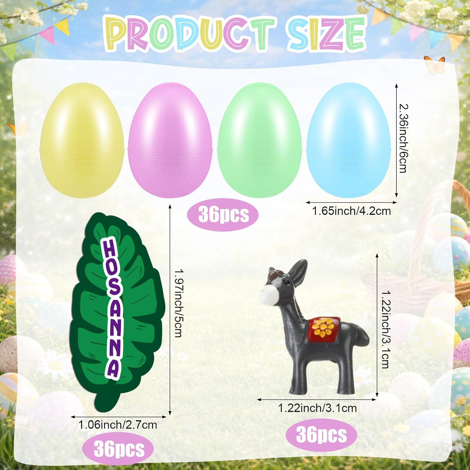 36 Sets Easter Egg Filler with 36 Resin Donkeys 36 Egg Shells 36 Palm Leaf Cards for Easter Basket Stuffers Christian Church Sunday School Activities Palm Sunday Decor Eggs Hunt Games