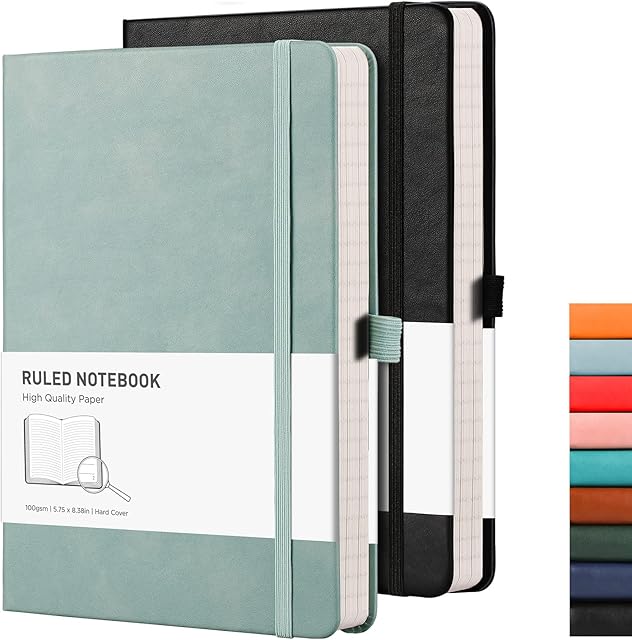 RETTACY Lined Journal Notebook 2Pack - A5 Note Book Notepad 376 Numbered Pages for Writing,100gsm Lined Paper, Leather Hardcover, for Women Men Work Office School,14.5 x 21cm - Black Baby Blue