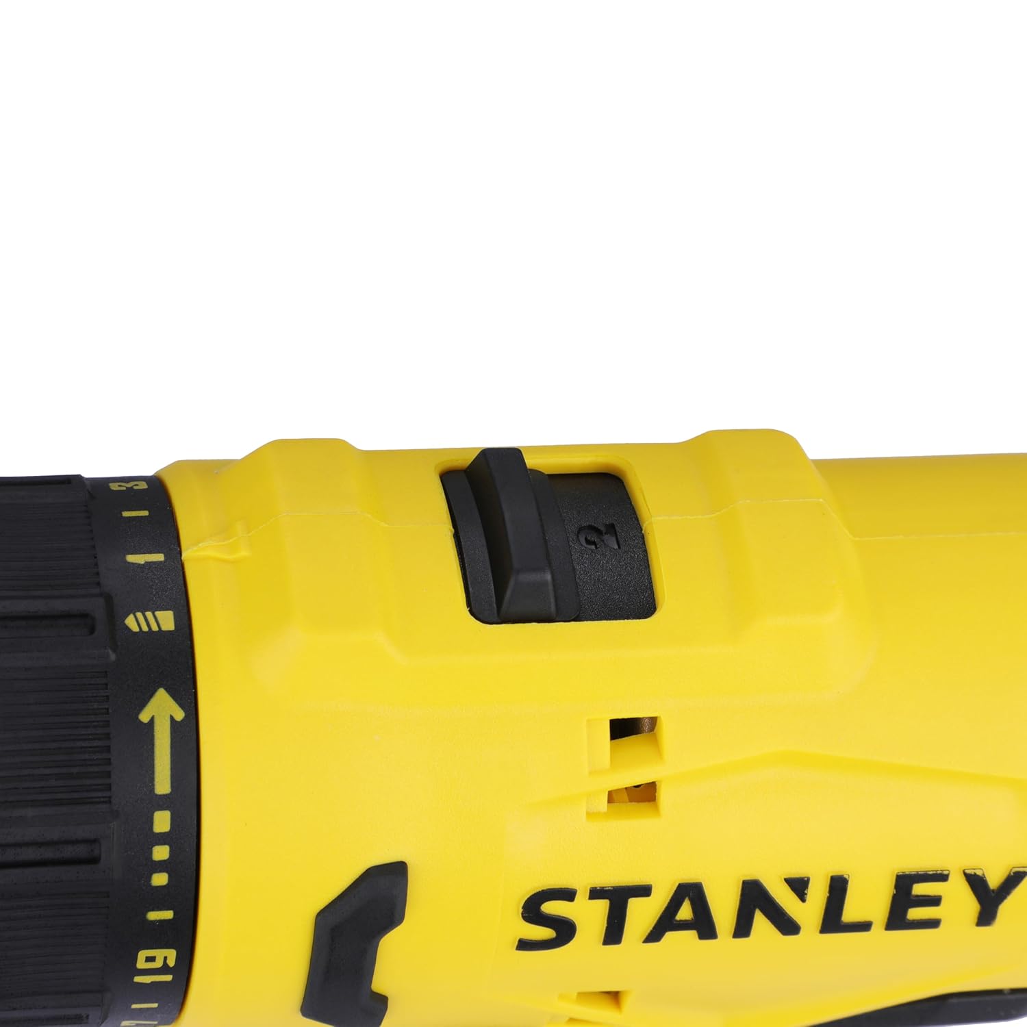 Close-up of STANLEY SCD10D2K-IN Drill Driver showing Worklight, Variable Speed Trigger Switch, Battery Release Button, and Battery Pack