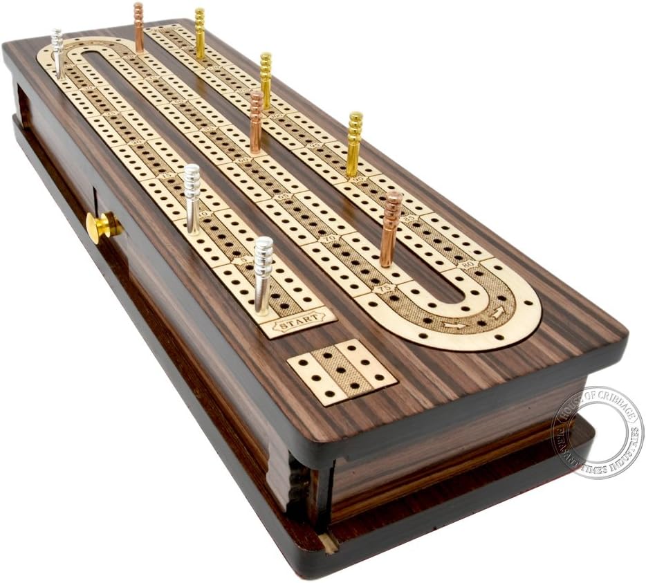 House of Cribbage - Continuous Cribbage Board/Box Inlaid in Rosewood/Maple 12" - 3 Tracks - Sliding Lid Drawer