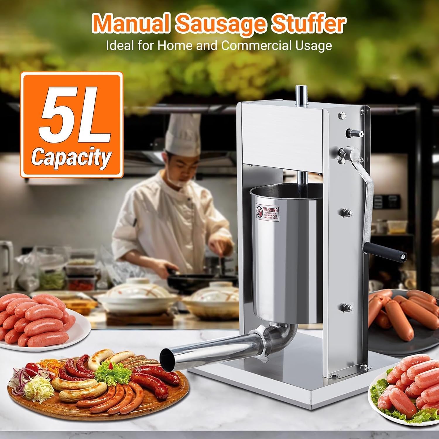 11LBS/5L Manual Sausage Stuffer | Dual-Speed Control & Stainless Steel Construction | Heavy-Duty Sausage Filler with 5 Tubes | for Home & Commercial Use