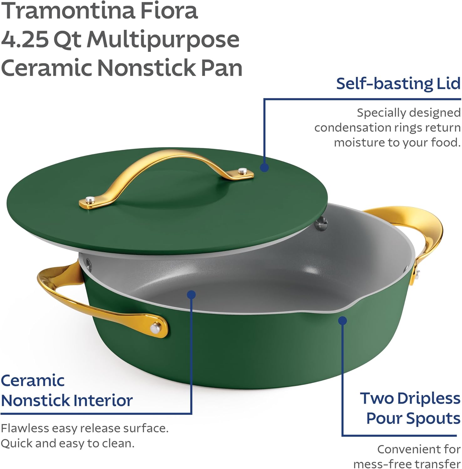Tramontina Fiora 4.25-Quart Multipurpose Ceramic Non Stick Cooking Pan with Lid, Green