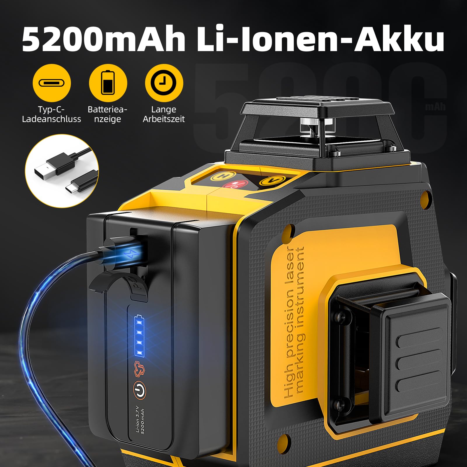 Nivel Laser 360 Autonivelante, 3x360° (hasta 37 horas) Nivel Láser Verdes, 12 Líneas Nivelador Laser, Recargable, Brillo ajustable, Control remoto, Conmutable, Para Uso Doméstico y Exterior