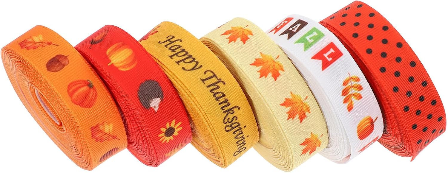 Fall Thanksgiving Polyester Wrapping Ribbons 6 Rolls 5 Yards Each DIY Craft Ribbon Party Decor Present Packaging