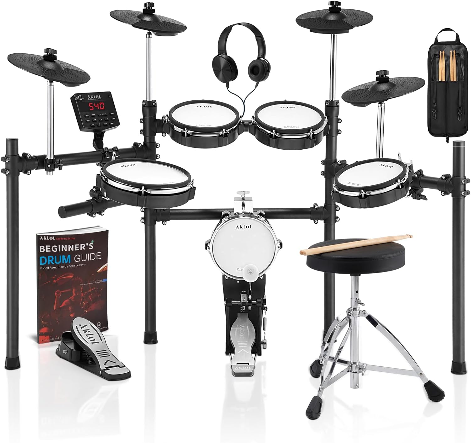 AKLOT Electric Drum Set with Kick-Tower: 4 Dual Zone Mesh Pads, 8’’ Tower-Style Kick Drum, 10’’ Snare, Dual Zone 10’’ Cymbals with Choke, 360 Sounds, User Kit, USB-MIDI, Throne, B-CORE 540 Air, Black