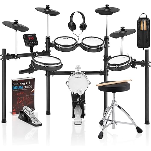 AKLOT Electric Drum Set with Kick-Tower: 4 Dual Zone Mesh Pads, 8’’ Tower-Style Kick Drum, 10’’ Snare, Dual Zone 10’’ Cymbals with Choke, 360 Sounds, User Kit, USB-MIDI, Throne, B-CORE 540 Air, Black